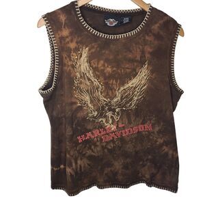Harley Davidson Womens XL Brown Embroidered Tie Dye Retro Top Sleeveless Biker